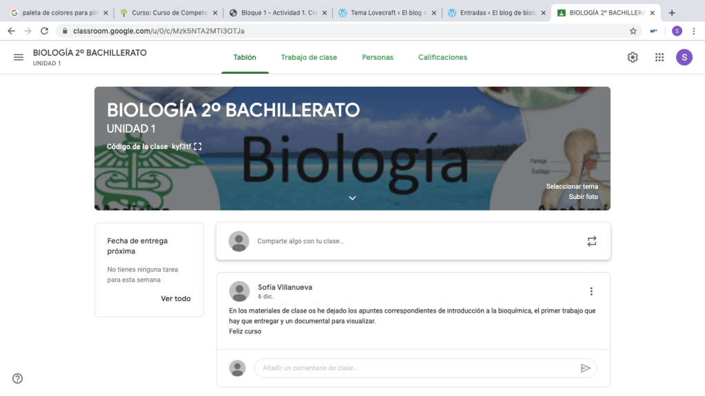 En la imagen se muestra la clase que he creado con google classroom. 